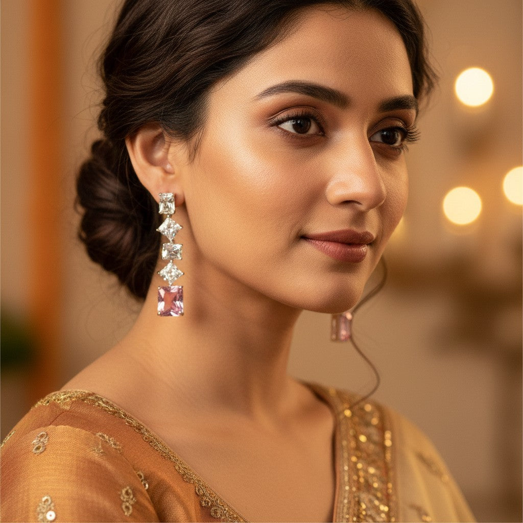 Siora Jewels Pink CZ Drop 925 Silver Earrings for Women | Rhodium Finish with Dual-Tone Sparkle