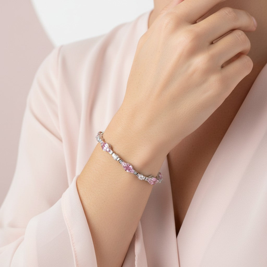 Siora Jewels Blush Petal 925 Silver Bracelet for Women | Rhodium Finish with Pink Zircon Detailing