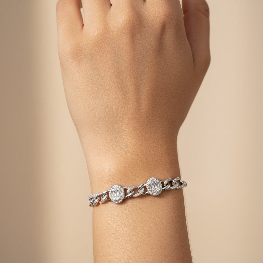 Siora Jewels Radiant Link 925 Silver Bracelet for Women | Rhodium Finish with Emerald-Cut Zircon Detailing