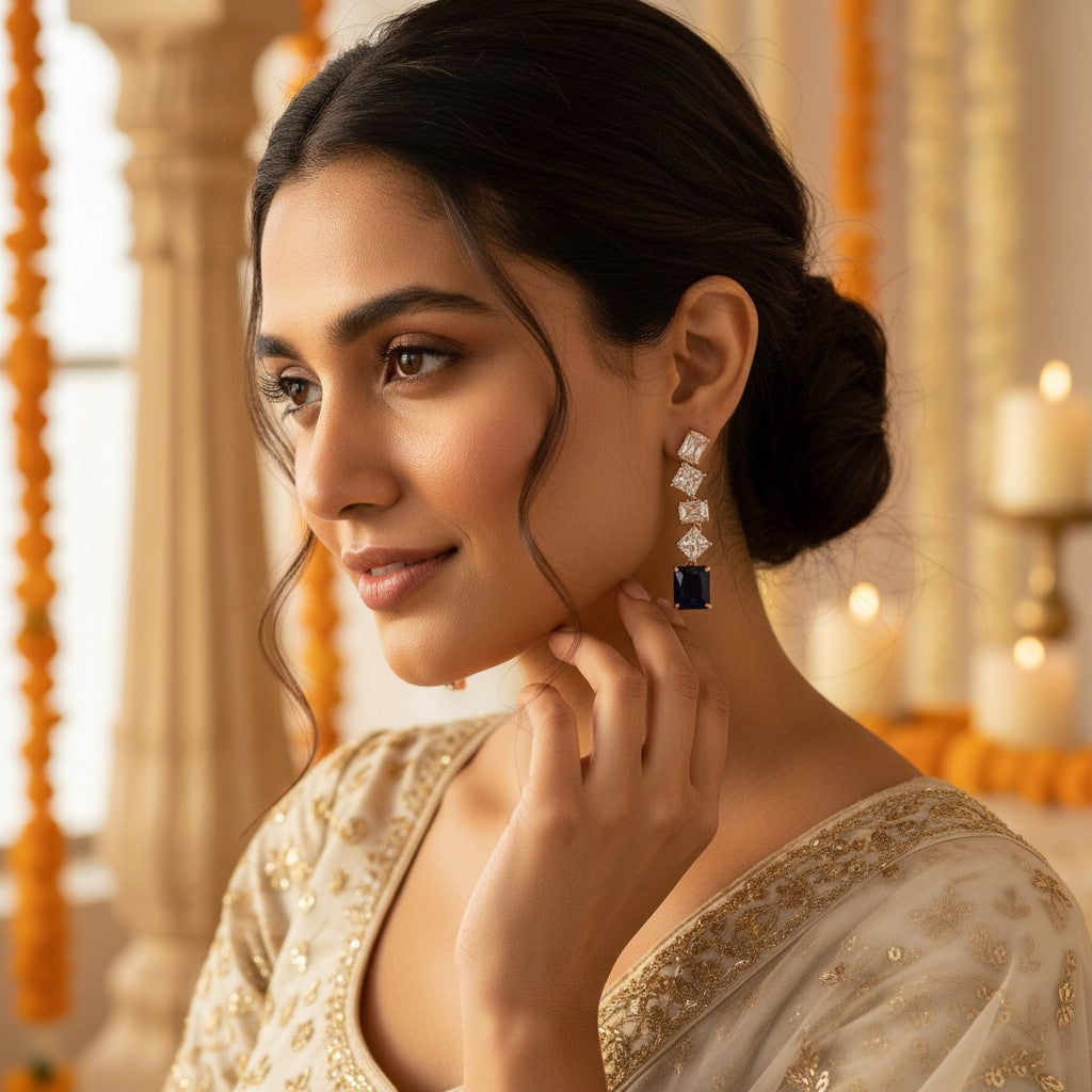 Siora Jewels Blue CZ 925 Silver Earrings for Women | Rose Gold Finish with Blue Detailing