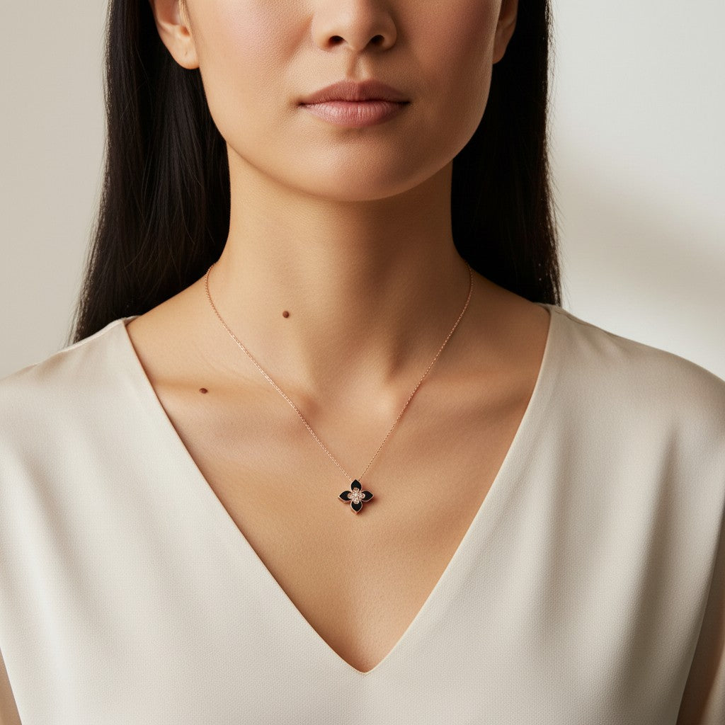 Siora Jewels Midnight Bloom 925 Sterling Silver Jewellery Set for Women | Rose Gold Finish with Black Enamel Floral Design & Zircon Detailing