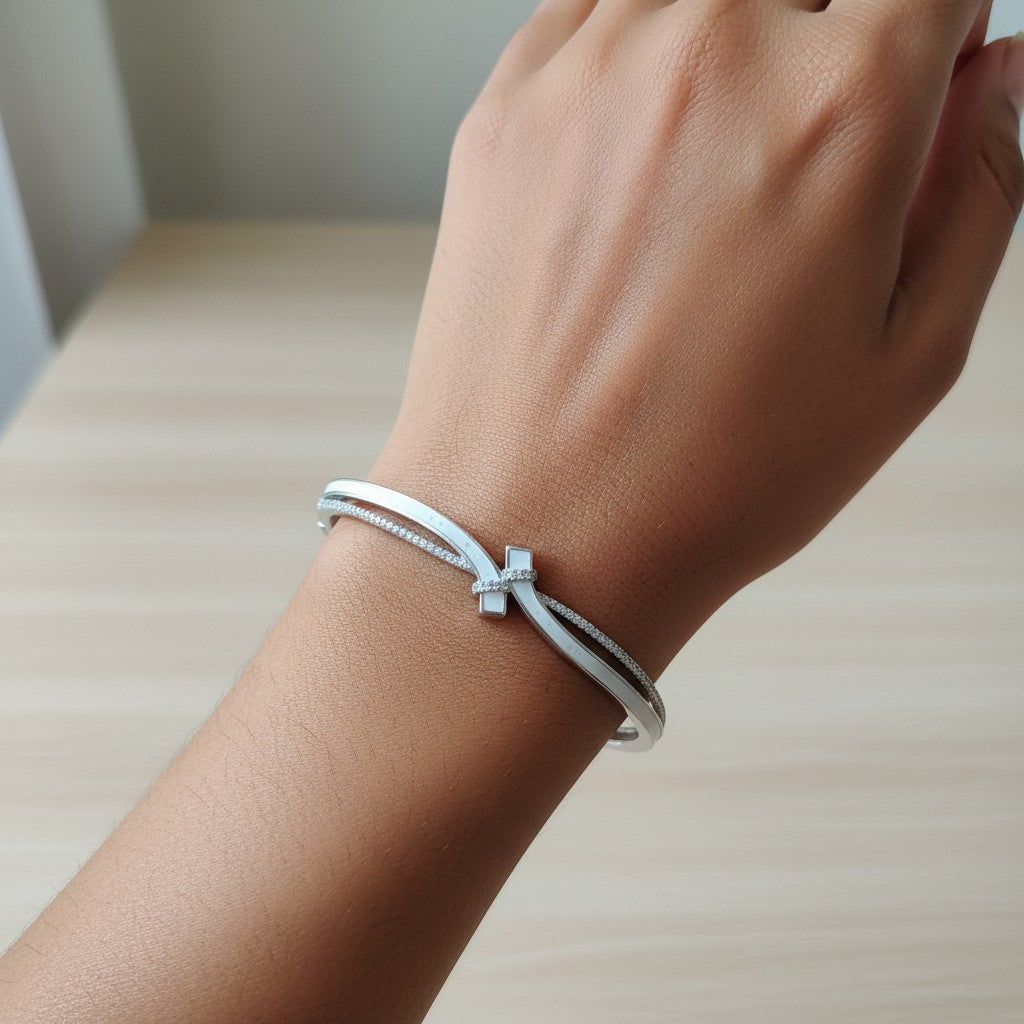 Siora Jewels Celeste Crossover 925 Silver Kada for Women | Rhodium Finish with Zircon Detailing