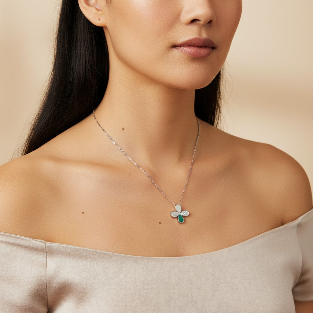 Siora Jewels Lucky Charm 925 Silver Necklace for Women | Rhodium Finish with Clover Zircon Detailing
