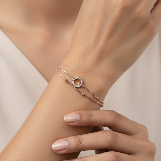 Siora Circle Charm 925 Silver Bracelet – Rose Gold Finish | Modern Bead & Charm Design