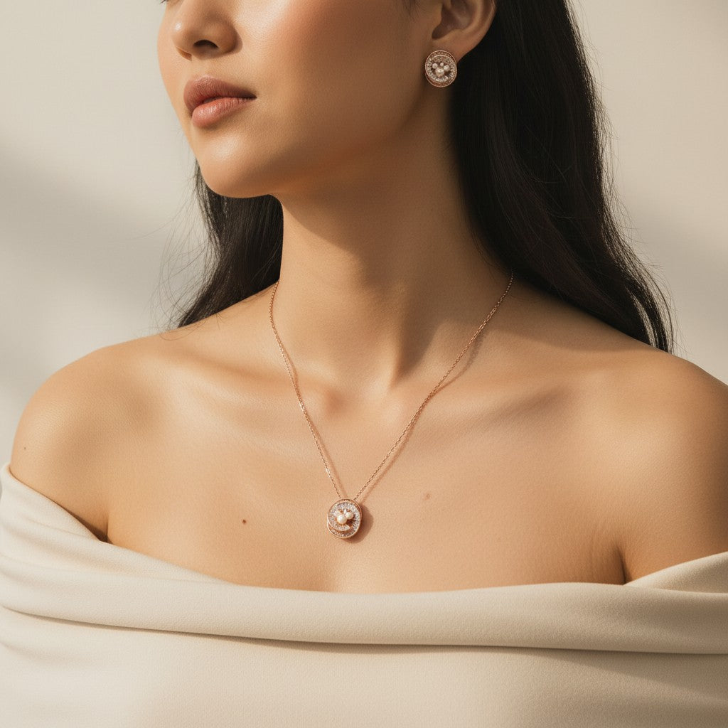 Siora Jewels Lustre Pearl 925 Silver Jewellery Set for Women | Rose Gold Finish with Pearl & Zircon Accents