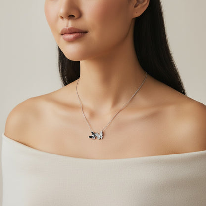 Siora Jewels Dual Butterfly 925 Silver Necklace for Women | Rhodium Finish with Black Enamel & Zircon Detailing