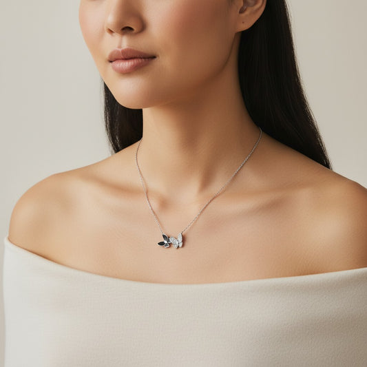 Siora Jewels Dual Butterfly 925 Silver Necklace for Women | Rhodium Finish with Black Enamel & Zircon Detailing