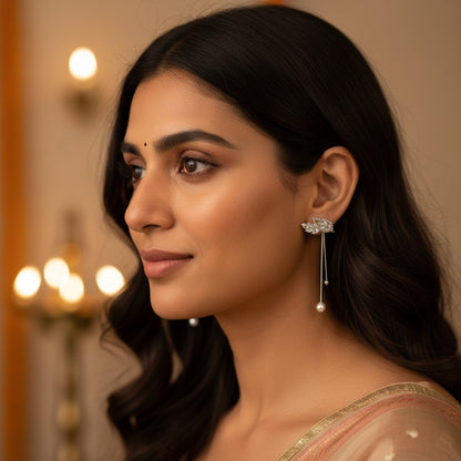 Siora Jewels Floral Drape 925 Silver Earrings for Women | Rhodium Finish with Zircon & Pearl Detailing