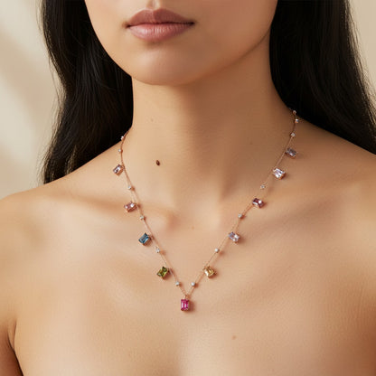 Siora Jewels Prism Glow 925 Silver Necklace for Women | Rose Gold Finish with Multicolour Gemstones & Zircon Detailing