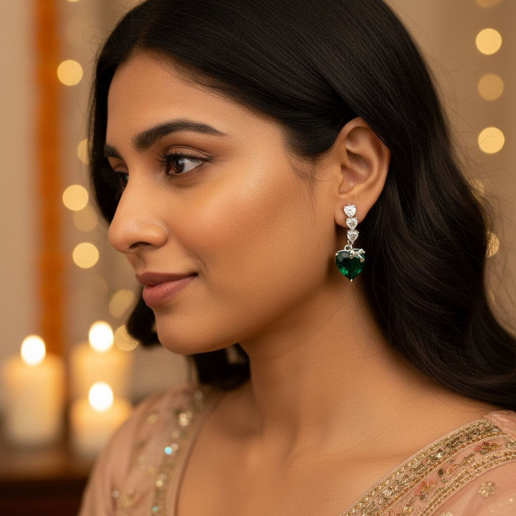 Siora Jewels Emerald Heart 925 Silver Earrings for Women | Rhodium Finish with Zircon Detailing & Bow Accent