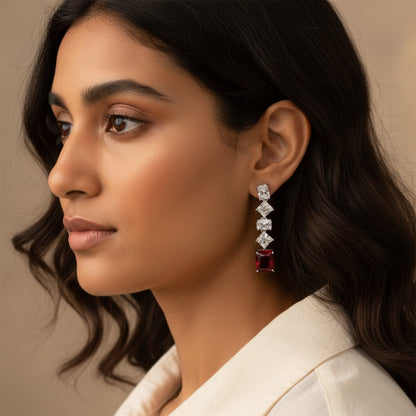 Siora Jewels White CZ 925 Silver Earrings for Women | Rhodium Finish with Red Detailing