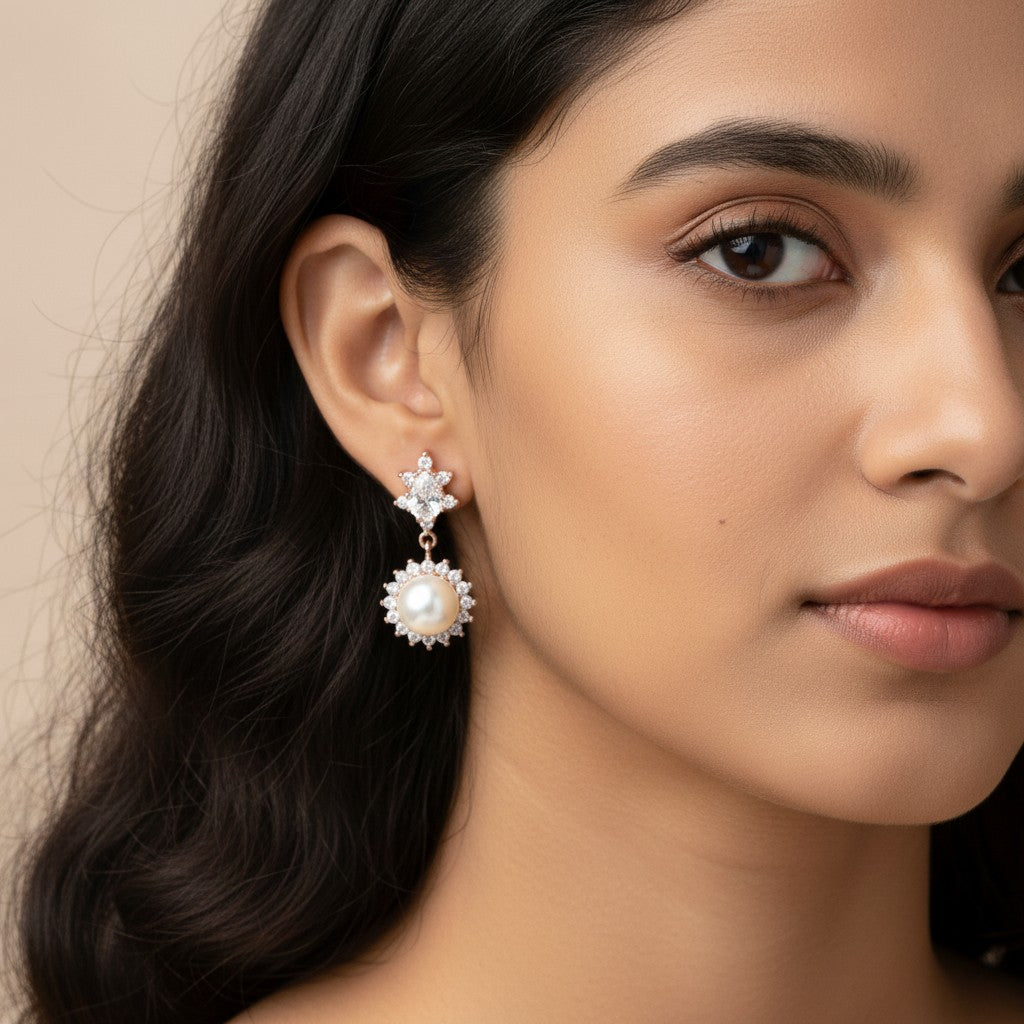 Siora Jewels Pearl Glow 925 Silver Earrings for Women | Rose Gold Finish with CZ Halo Detailing