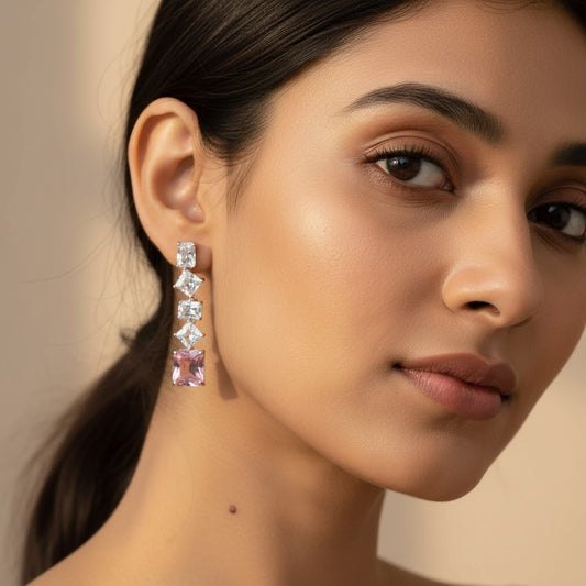 Siora Jewels Pink CZ Drop 925 Silver Earrings for Women | Rhodium Finish with Dual-Tone Sparkle