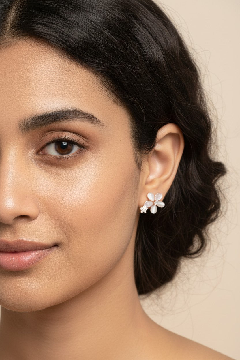 Siora Jewels Petite Floral 925 Silver Stud Earrings for Women | Rose Gold Finish with Enamel & Zircon Detailing