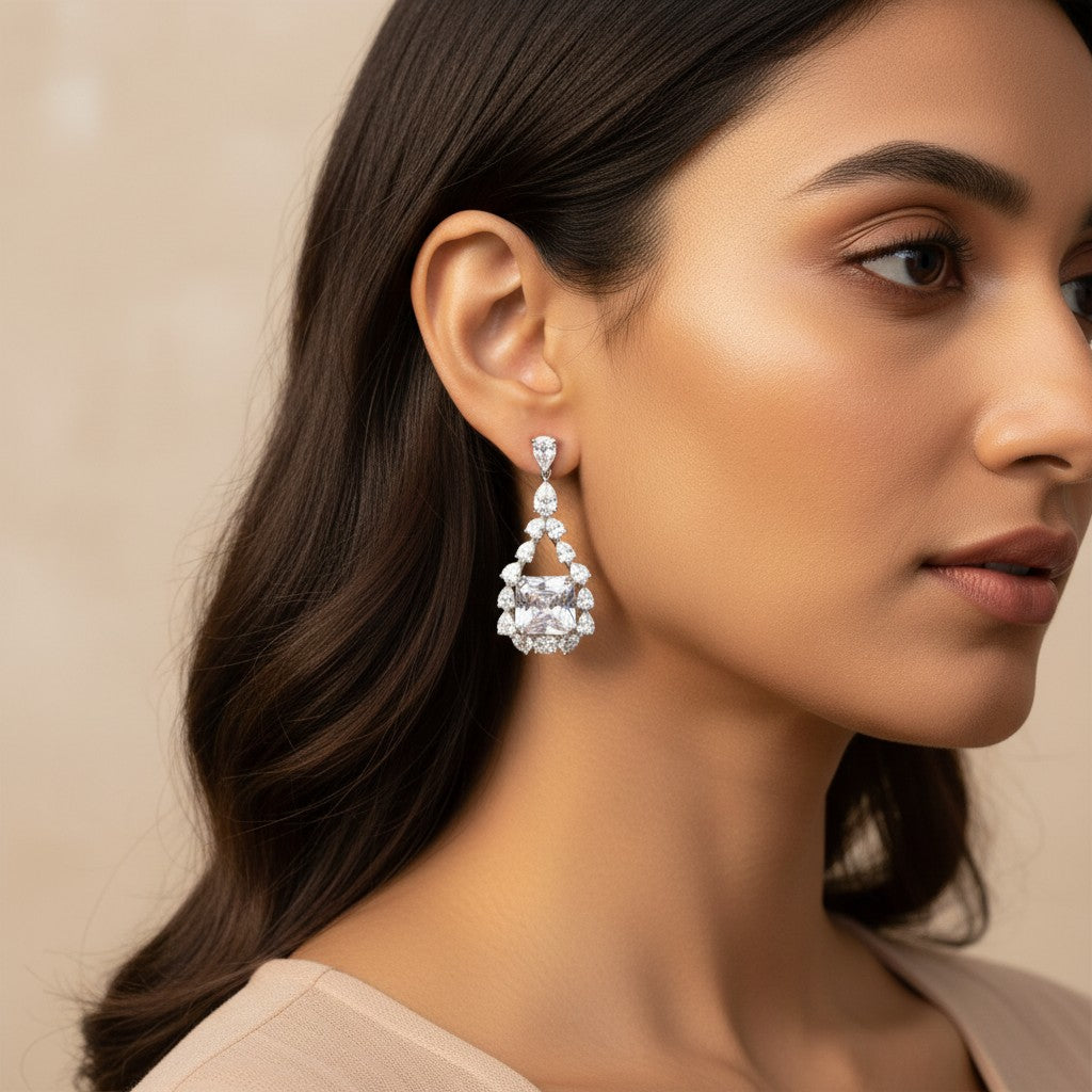 Siora Jewels White CZ 925 Silver Earrings for Women | Rhodium Finish with Classic All-White Detailing